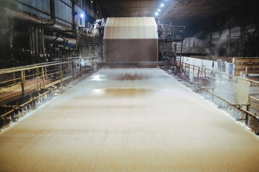 Paper mill machinery converting raw recycled paperboard rolls into materials for eco friendly coffee shop supplies