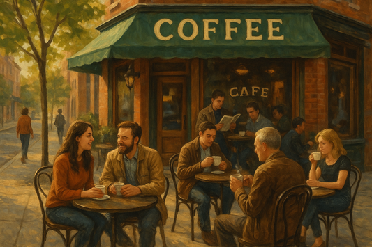 Individuals drinking coffee in a coffee shop on a street corner where location based advertising is most effective
