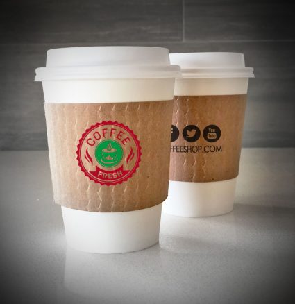 Printed custom coffee cup sleeves printed on kraft sleeves with two colors on front and one color on back. Available to fit 8oz and 12-20oz cups.