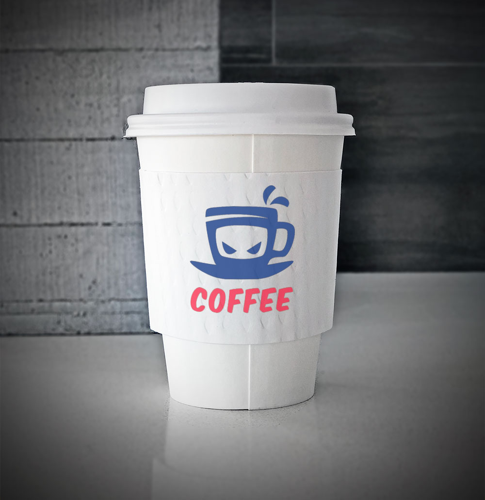 Custom cup sleeves printed on white sleeves with two colors on front placed on a white paper cup sitting on a countertop