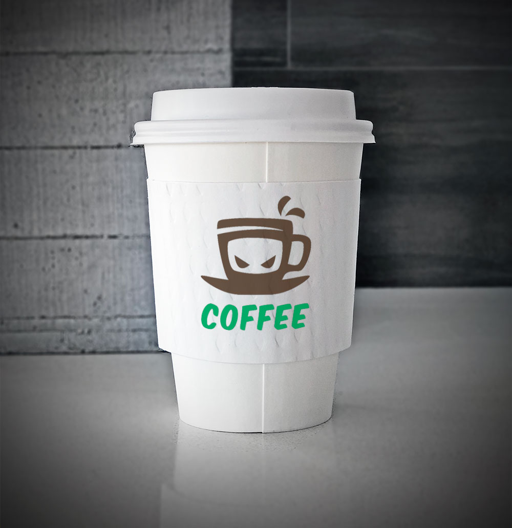 Custom coffee cup sleeves printed on white sleeves with two colors on front placed on a white paper cup on a counter
